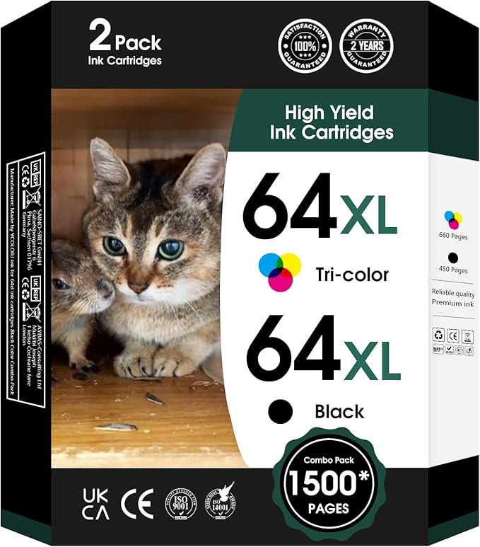 64XL Ink Cartridge for HP Ink 64 XL 64XL Black and Color Combo Pack High Yield Replacement for HP Printers 7858 7855 7120 7155 7158 7164 6255 6252 6232 Envy Inspire 7955e Tango X Printers Combo
