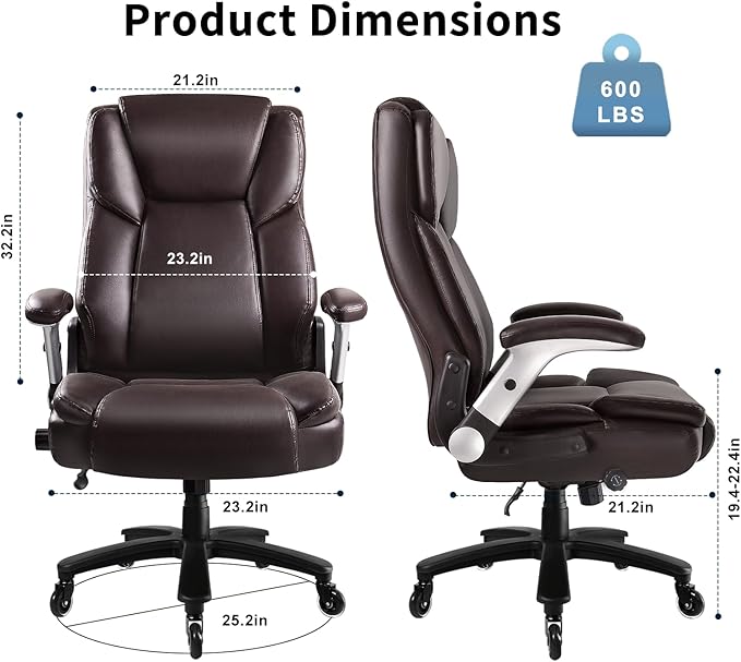 Big and Tall Office Chair 600lbs, Heavy Duty Executive Office Chair for Heavy People, Brown High Back Office Leather Ergonomic Chair with Adjustable Armrests and Lumbar Support for Computer Desk Chair