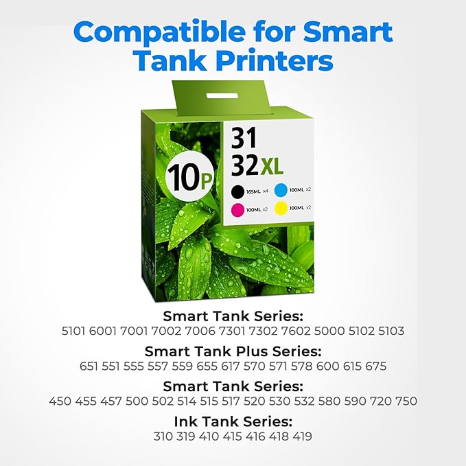 31 32XL Ink Bottle Set for Smart Tank Ink 5101 7602 5000 5103 651 6001 7301 7001 Compatible with HP 31 32XL Ink Bottle Set for Smart Tank 5000 5101 7602 7301 7001 5102 7002 7006 551 Printers, 10 Packs