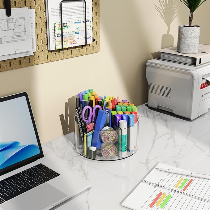 Acrylic Pen Holder, 360 Degree Rotating Pen Organizer, Rotating Desk Acrylic Office Organizer with 6 Compartments, Marker Organizer for Kid, Crayon Caddy School Art Supply Storage Organizer