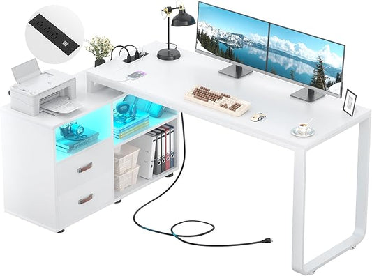 Homieasy L Shaped Desk with File Cabinet & Power Outlet, Reversible 55 Inch Large Corner Computer Desks with LED Strip, L-Shaped Desk with Drawers and Storage Shelves for Home Office, White