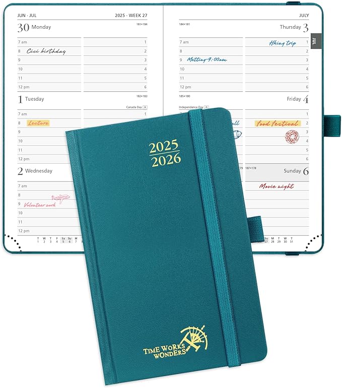 POPRUN Pocket Planner 2025-2026, (Purse Size 4''x 6.25'' Hard Cover) Academic Year Calendar Daily Weekly and Monthly (July 25-June 26) with Hourly Time Slots, 100 GSM Paper - Pacific Green