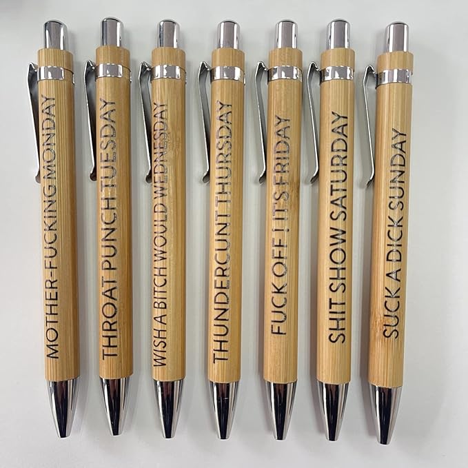 7-Piece Funny Bamboo Pen Set for Sarcastic Souls, Unique Days of The Week Mood Ballpoint Pens with Engraved Humorous Quotes, Excellent Gift for Office, Friends, and Coworkers