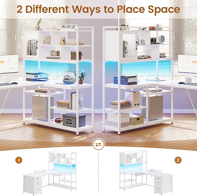SEDETA L Shaped Computer Desk, 58'' Office Desk with 3 Drawers and Bookshelf, L Shaped Corner Desk with Storage Shelves and LED Light for Home Office, Gaming Desk, L Desk, White