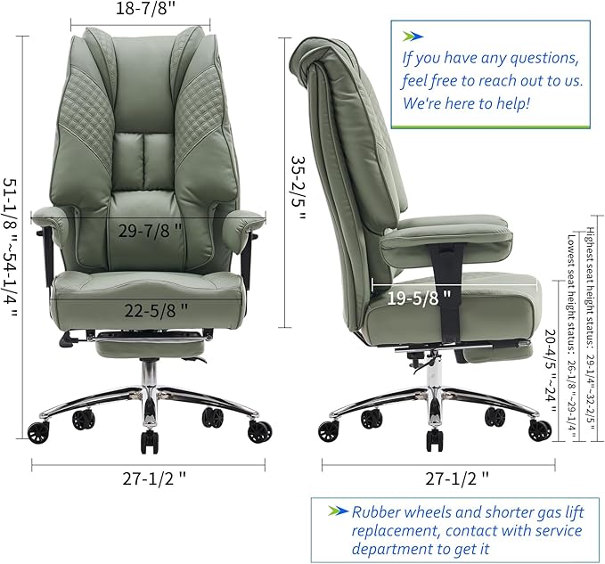 Big and Tall Office Chair 400lbs Wide Seat, Leather High Back Executive Office Chair with Foot Rest, Ergonomic Chairs Lumbar Support for Lower Back Pain Relief (Light Green)