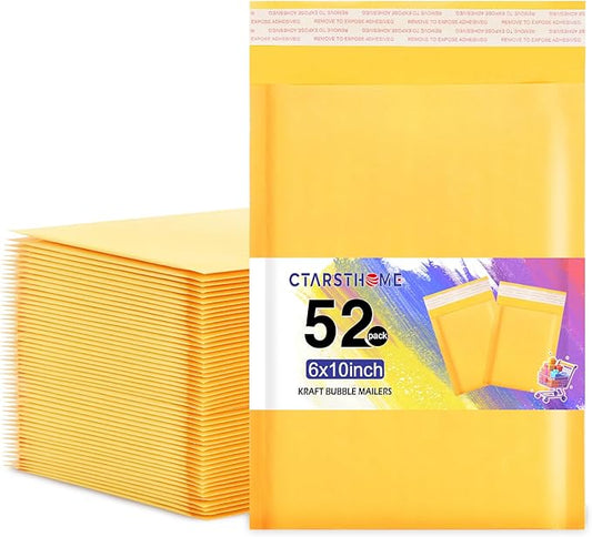 52Pack Yellow 6x10inch Kraft Bubble Mailers Small Business Mailing Packages Self-Sealing Paper Envelopes, Mailer Shipping Padded Envelopes with Strong Adhesion for Jewelry Makeup Supplies