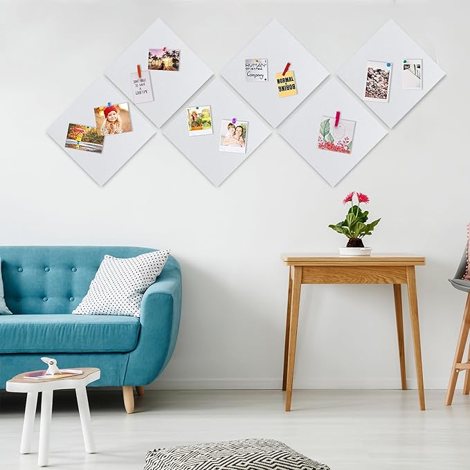 AKTOP White Cork Bulletin Board 12x12, 1/2" Thick Felt Cork Board Tiles 6 Pack, Small Square Pin Board for Wall, Self Adhesive Corkboards with 60 Push Pin Wood Clips for School, Home & Office