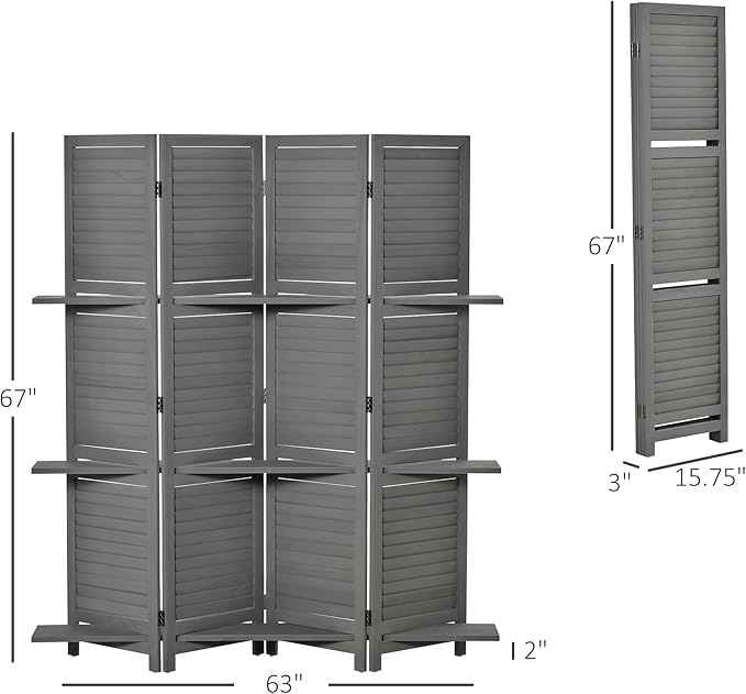 NicBex Room Divider 4 Panel Room Dividers with Storage Shelves Partition Room Dividers and Folding Privacy Screens 5.6 FT Wall Divider for Home, Office, Room Separation,63.75"W x 0.75"D x 67"H, Gray