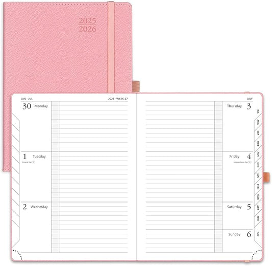 POPRUN Planner 2025-2026 (Medium 6.75''x 8.75''), Horizontal Weekly Notebook Jul.2025 - Jun.2026, Academic Appointment Book with Monthly Tabs, Leather Hardcover, Inner Pocket, 100 GSM - Soft Pink
