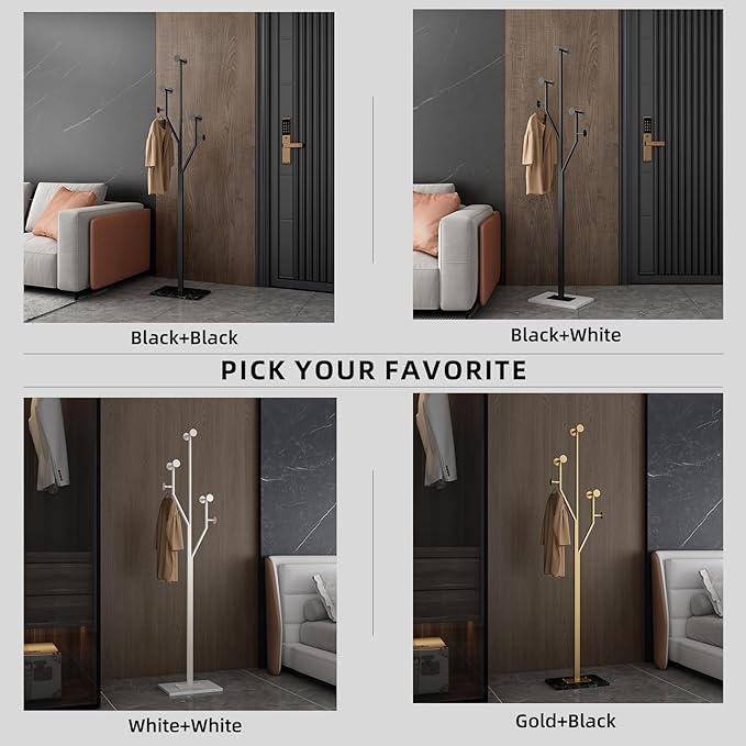 Heavy Duty Coat Rack Tree-shaped Metal Freestanding Coat Tree with Sturdy Marble Base Corner Coat Rack for Bedroom Entryway Hallway 14.96 x 10.24 x 68.9 Inches (White)