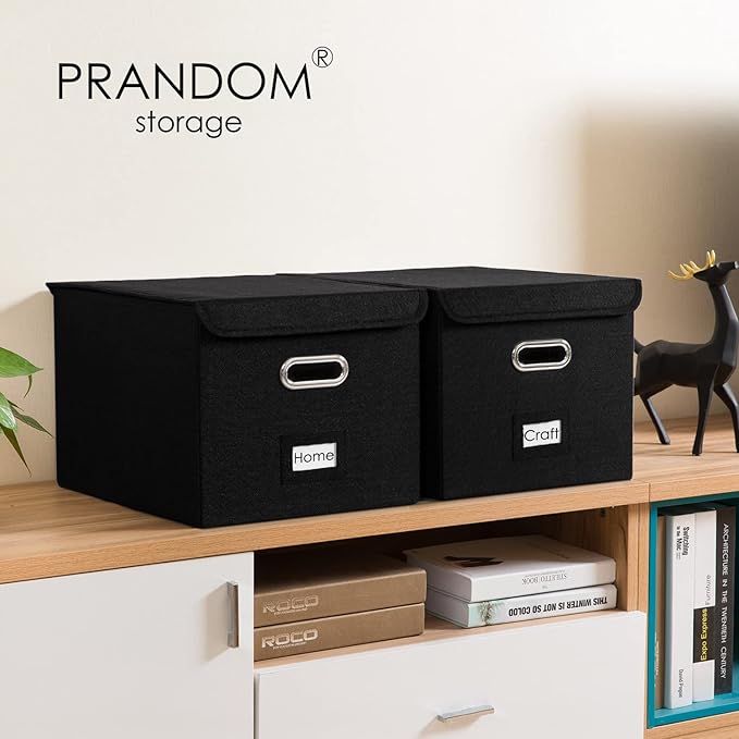 PRANDOM File Organizer Box - Set of 1 Collapsible Decorative Linen Filing Storage Hanging File Folders with Lids Office Cabinet Letter Size Black (15x12.2x10.75 inch)