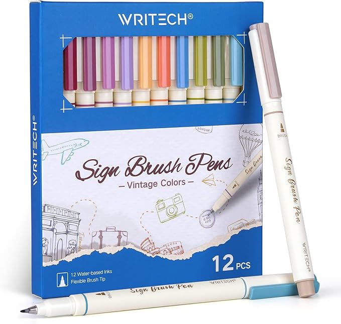 WRITECH Arts Sign Brush Pen Brush Tip Marker Felt Tip Water Based Ink Color Pens 12 Assorted Vintage Colors Great for Lettering Journaling Calligraphy (Vintage)