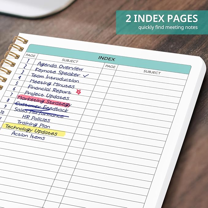 Taja Meeting Notebook for Work Organization - Work notebook with action items, Meeting Minutes Planner Notebook, Perfect Office Supplies for Men & Women - Black