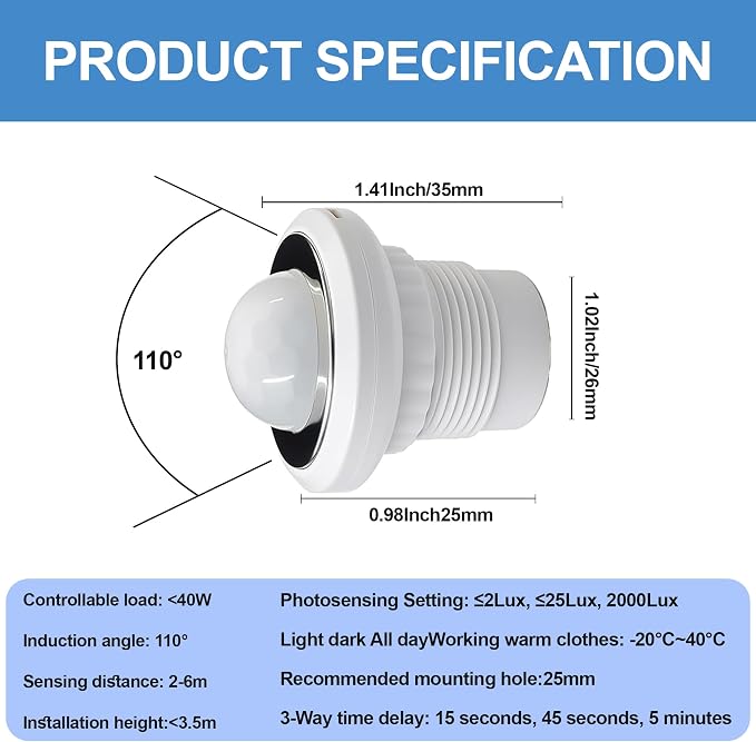 4 Pack PIR Motion Sensor Light Switch, AC 110-240V Adjustable LUX Light - Image 4