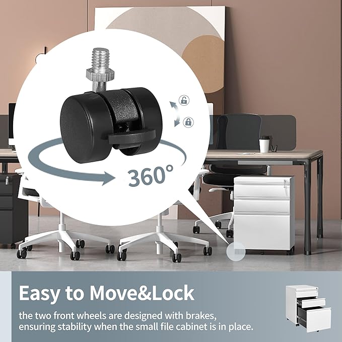 Mobile File Cabinet for Home Office, Lockable 3 Drawer Filing Cabinet with Wheels for A4-Size/Letter-Size/Legal-Size, Fully Assembled Except Casters, White