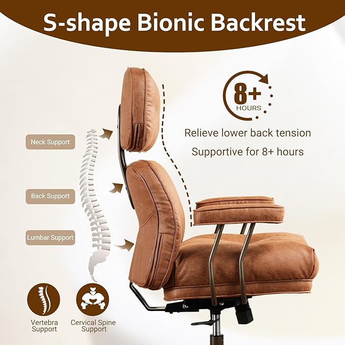 Faux Leather Executive Office Chair - Big and Tall Ergonomic Home Office Chair,Reclining Computer Desk Chairs with Lumbar Support,Adjustable Swivel Rolling PC Chairs with Wheels,Suede,Brown