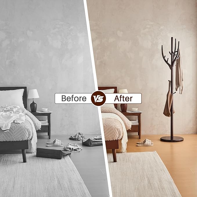 Uniclinens Coat Rack Freestanding Solid Wood Coat Tree Standing with 12 Hooks, Coat Rack Stand Creative Tree Branch-look (Dark Walnut)