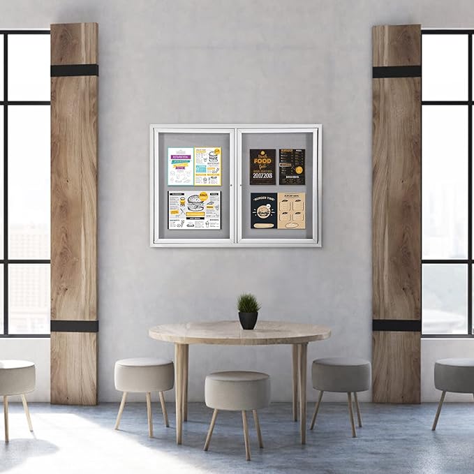 SWANCROWN Weather Resistant Enclosed Bulletin Board Gray Fabric Displays Boards Wall Mounted Notice Board with Aluminum Frame,48x34 inches