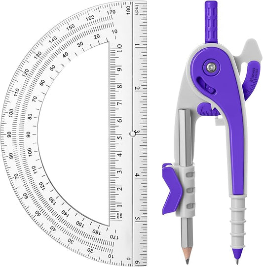 EBOOT Student Geometry Math Set, Drawing Compass and 6 Inch Clear Swing Arm Protractors 180 Degree Math Protractor (Purple)