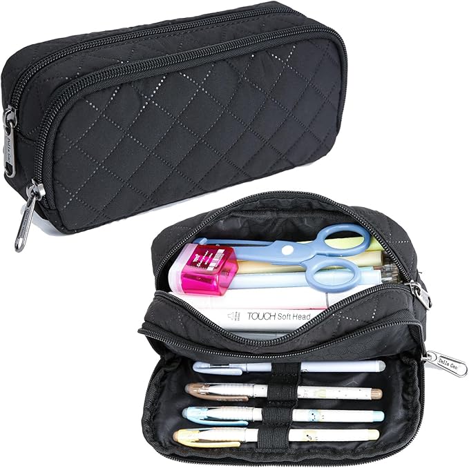 Della Gao Pencil Case Large Capacity Pencil Pouch Soft Quilted Pen Bag Office Stationery Organizer Sturdy Pencil Bag for Men Women - Black