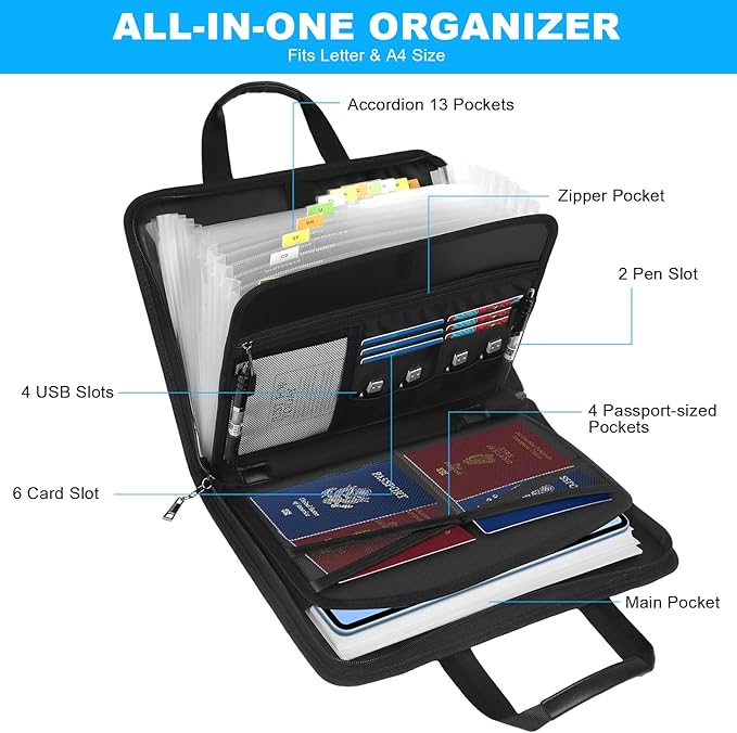 Accordion File Folder Organizer with Lock, 13 Pockets Fireproof Document Organizer with Handle & Zipper, Expanding File Folder with Tabs Document Holder for Letter A4 Files and More