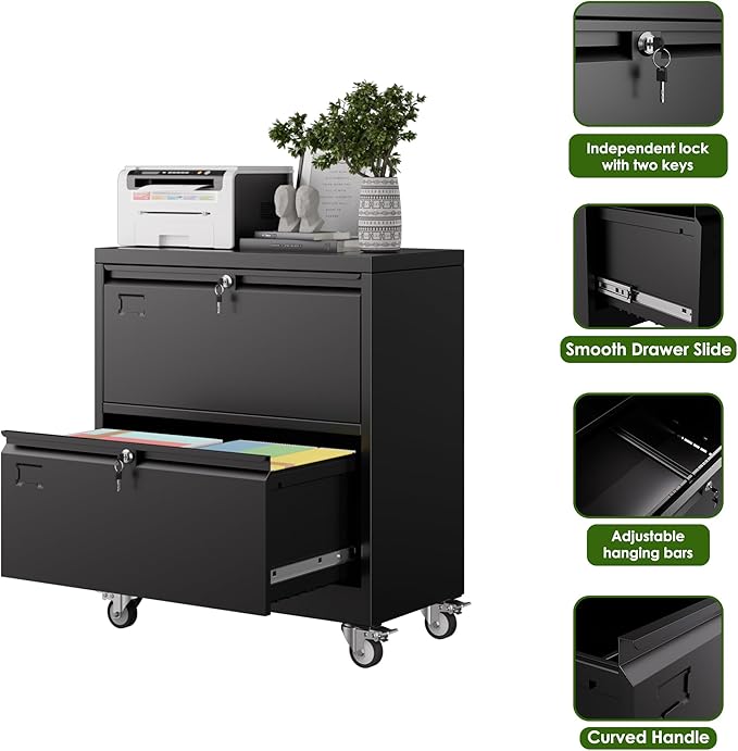 Aobabo 2 Drawer Wide File Cabinet with Wheels, Lockable Metal Filing Cabinet for Home Office, Legal/Letter Size,Black,Required Assembled,15.87" D x 28.94" W x 34" H