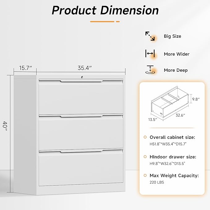 Bestoo Lateral File Cabinet with Lock, 3 Drawer Lateral Filing Cabinet for Office Home, Locking Metal Steel Wide for Hanging Files Letter/Legal/F4/A4 Size, Easy Assemble White