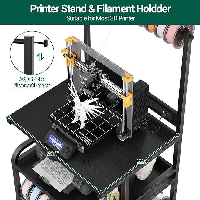 Homieasy Printer Stand with Charging Station, 29.1" x 22.8" Large 3D Printer Table with Filament Storage, Heavy Duty Rolling Printer Cart with 4-Tier Storage for Workshop/Office/Garage, Black