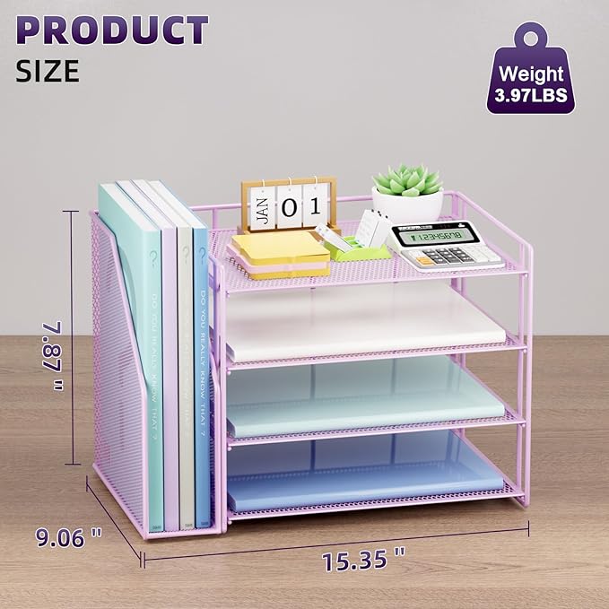Marbrasse Desk Organizer and Accessories，4-Tier Paper Letter Tray Organizer with File Holder，Desk Accessories & Workspace Desktop Organizers for School Home Office Supplies (Purple)
