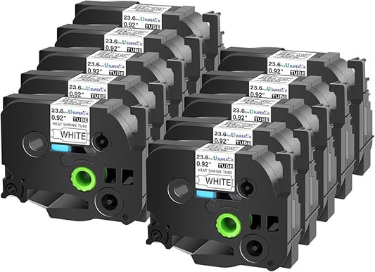 10PK Compatible for Ptouch HSe-251 HSe251 HS-251 HS251 Black on White 23.6mm 0.92'' Heat Shrink Tubing for Wire Cable for PT-P710BTPT-P750WPT-P750WVP Label Maker Tape