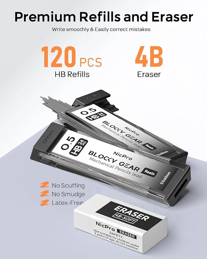 Nicpro Blocky Gear 0.5 mm Mechanical Pencil Set in Case, Metal Pencil with Lead Refills, Eraser for Professional & Adult Art Writing Drafting Drawing