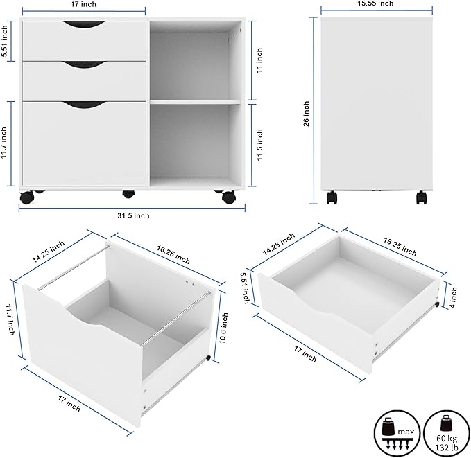 QDSSDECO 3-Drawer with Shelf Wood File Cabinet Mobile Lateral Filing Cabinet, with Rolling Wheel Printer Stand and Open Adjustable Storage Shelves, for Home Office, White