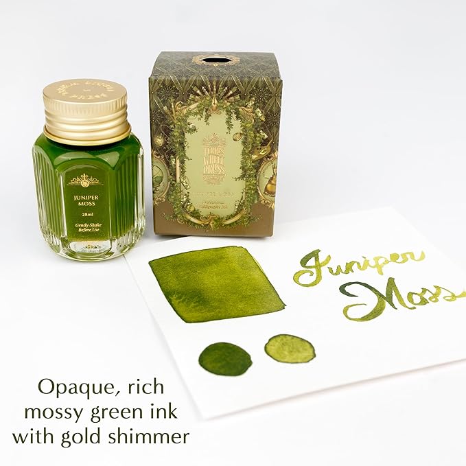 Ferris Wheel Press Juniper Moss 28ml Calligraphy Ink for Calligraphy & Dip Pens - National Art Supply 5x7 Microfiber Cloth - Moss Green with Gold Shimmers - Waterproof Dip Pen Ink for Artists