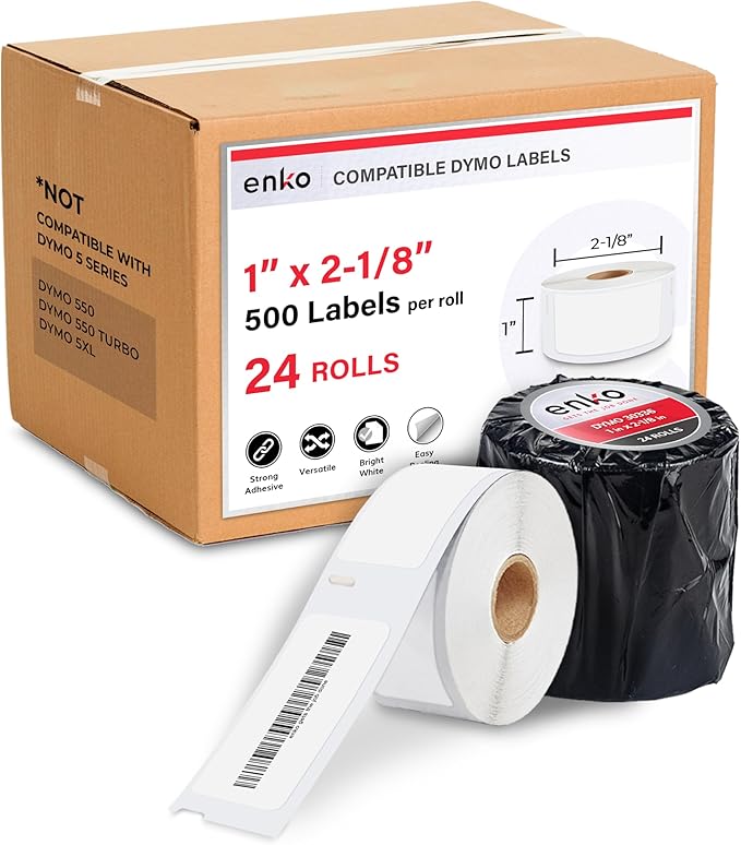 enKo Compatible for Dymo 30336 Labels (1" x 2-1/8") - 24 Rolls | 12,000 Labels for Dymo LabelWriter 450 Turbo Printer and 4XL - Blank White Direct Thermal Address, Shipping and Barcode Labels