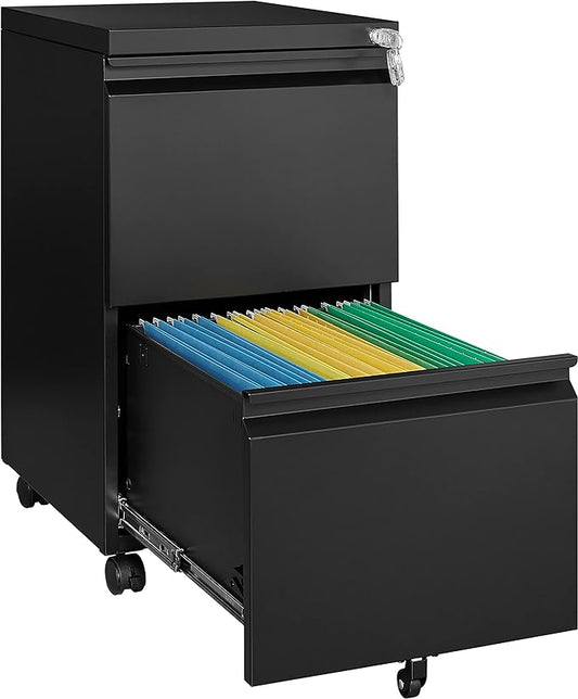2 Drawer Vertical File Cabinet - Mobile Filling Cabinet with Lock for Legal/Letter Files - Office Storage File Cabinet with Wheels Under Desk - Assembly Required