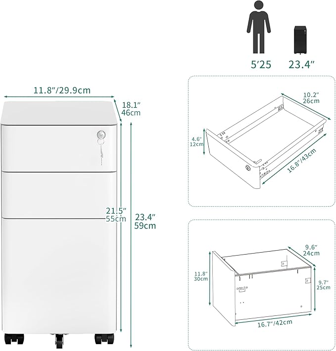 YITAHOME 3-Drawer File Cabinet, Lockable Mobile Filing Cabinet for A4/Letter/Legal Size Folder, Vertical File Cabinet for Home Office, Installed Except Casters, White