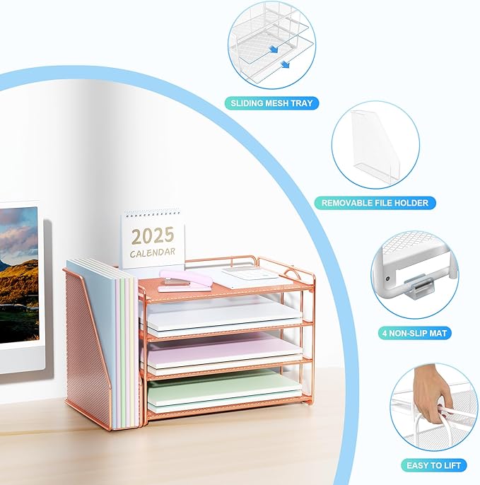 Spacrea Desk Organizers and Accessories, Paper Organizer for Desk with File Organizer, Desk Accessories & Workspace Organizers for Office Supplies (Rose Gold)