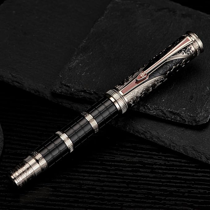 Hongdian D5X Fountain Pen Black Fine Nib, Qin Dynasty Retro Chinese Totem Engraving with Converter and Pen Box Set