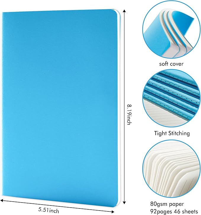 8 Pack Soft Cover Journal Bulk, Feela Notebooks College Ruled for Work, Lined Travel Journal for Women Men, Note Taking Notebook School Supplies Business Writing, 8.2” x 5.5”, A5, Blue