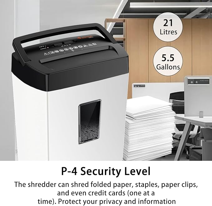 Bonsaii Heavy-Duty Shredder, Up to 12 Sheets, P-4 high Security, Credit Cards, Mail, & Staples, 5.5-Gallon bin with a Transparent Window, Suitable for Heavy-Duty use in Home Offices, White & Black