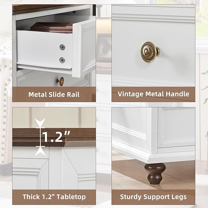 24" Wide Farmhouse Night Stand,Large End Table with 3 Drawers & Metal Handle,White Wood Dresser for Bedroom Cabinet, Bed Side Tabl·e Chest of Drawers,Nightstand for Living Room,Close