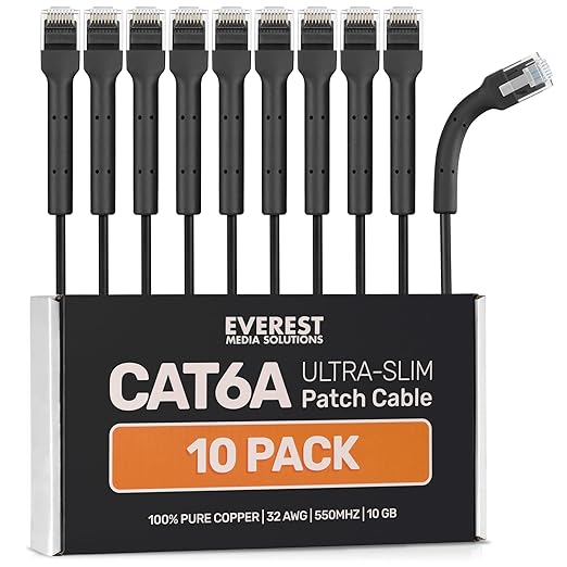 Everest Ultra Slim Cat6a Ethernet Patch Cables 0.5ft Black by EverestMediaSolutions