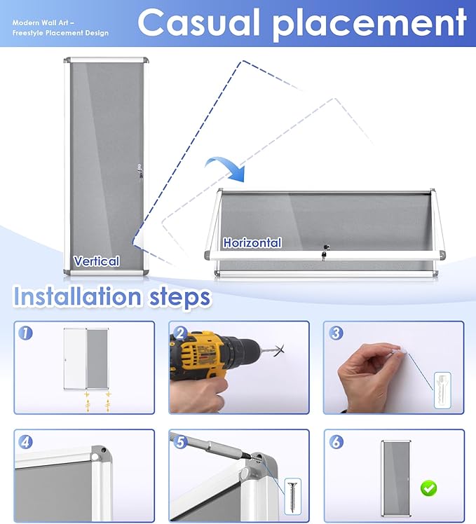 SWANCROWN Enclosed Noticeboard Grey Frabric Bulletin Boards Lockable Display Case Tamperproof with Keys Pins,38x14inch