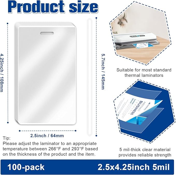 100 Pack 5 Mil Laminating Pouch with Clear Loop 2 1/2" x 4 1/4" Luggage Tag Laminating Pouches with Slot Hole Thermal Laminate Pouch Tags Kit Resealable for Work Permits Pass Cards Student ID Cards