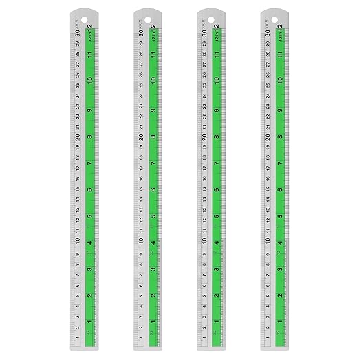 HARFINGTON 4pcs Metal Straight Ruler 30cm Metric SAE Aluminum Alloy Measuring Rulers Scale Tool with Hole for Measure Study Reading Classroom Office, Green