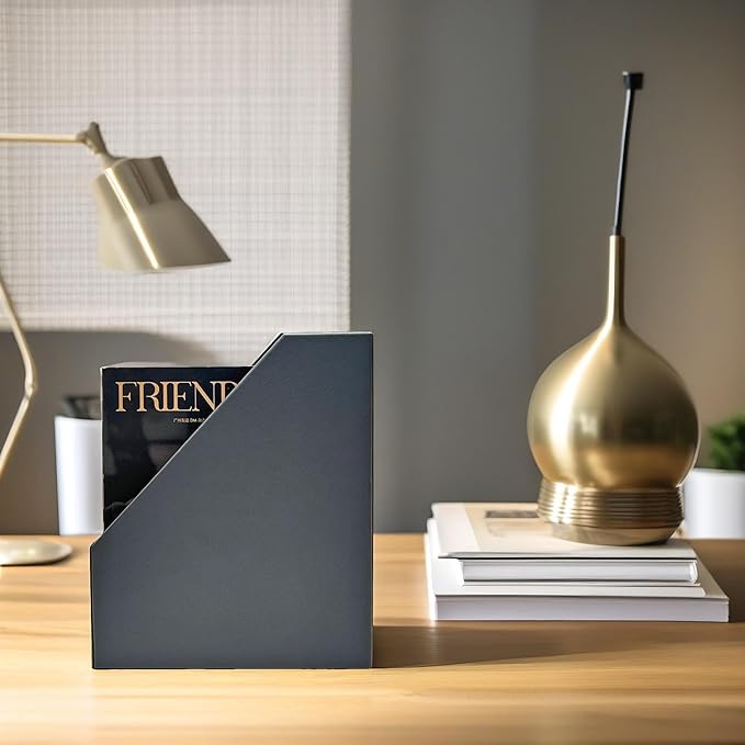 UnionBasic Magazine File Holder, Leatherette Desktop Document Organizer, Home Office Paper Holder File Storage Literature Sorter, Grey