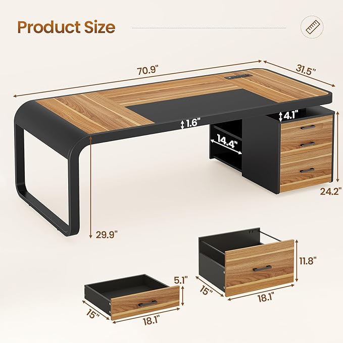 Itaar 70.9" Executive Desk, Large Computer Desk with Drawers and Lateral File Cabinet, Office Desk with Removable Shelves, Business Furniture Desk Workstation for Home Office, Light Walnut