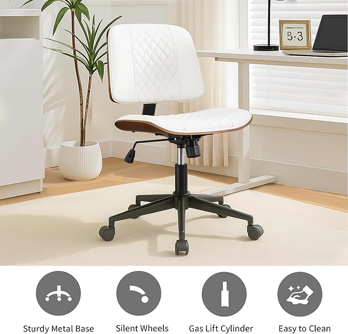 Stylish White Home Office Chair – Armless PU Leather Mid-Back Chair with Adjustable Height, Swivel Wheels, Walnut Finish for Study, Bedroom, or Dorm Room