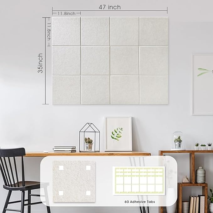 Large Cork Board for Office Wall Decor,48"x36"-12 Pack Felt Wall Tiles with Safe Removable Adhesive Tabs, 1/2" Thick, Felt Bulletin Board Pin Board Cork Boards for Walls - Beige