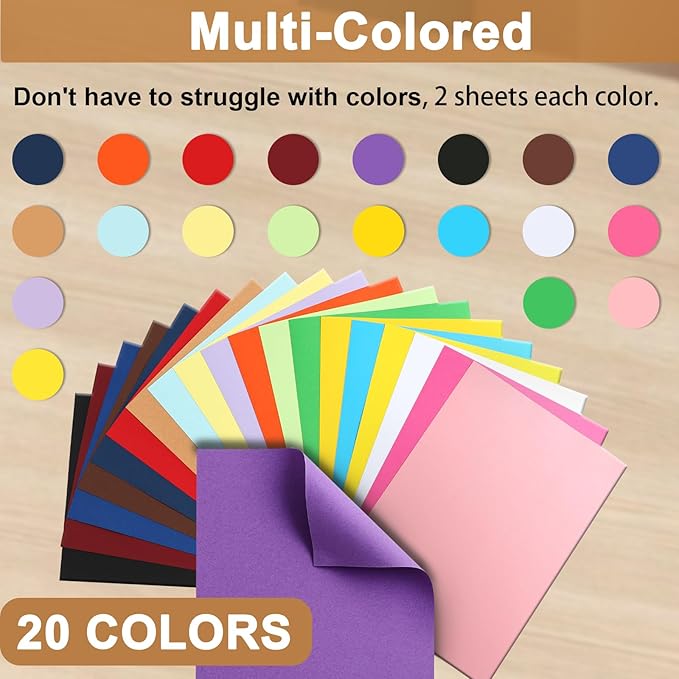 40 Sheets Colored Cardstock A4 Craft Paper, 20 Assorted Colors 200gsm/75lb Art Projects Card Stock Construction Paper for DIY Cards Making, Office Printing, Birthday Decorations, School